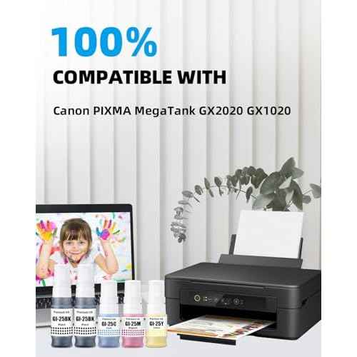 GI-25 Refill Bottle Ink Replacement for Canon 25 GI-25 GI25 Ink Work for Canon PIXMA MegaTank GX2020 GX1020 Printer (Black 70ml *2, CMY 70ml *1, 5-Pack)