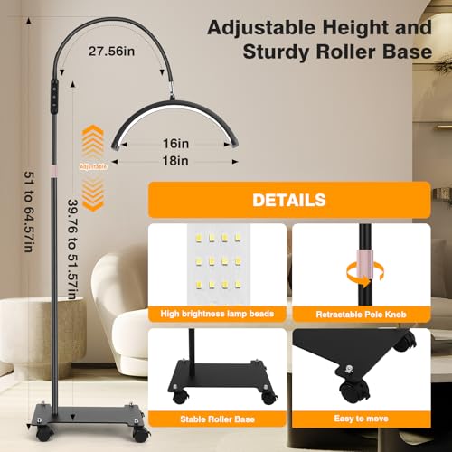 Lash Light for Eyelash Tech with Wheels, Half Moon Light for Lash Extensions, Nail Tech, Tattoo Artist and Make up, LED Floor Lamp Adjustable Brightness and Color Modes (Black)