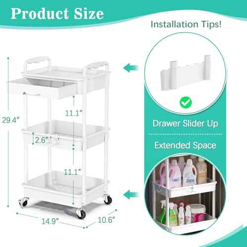 3 Tier Rolling Cart with Drawer, Bathroom Storage Organizer with 2 Lockable Wheels, Multifunctional Rolling Storage Cart for Bathroom, Kitchen, Office, Craft, Makeup, Baby Essentials, White