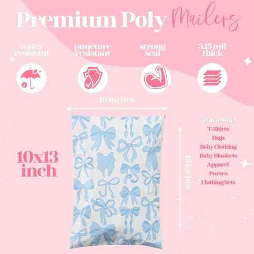 10x13 Designer Poly Mailer 100 Pack Heavy Duty Waterproof Self Seal Shipping Bags for Small Business Large Mailing Envelopes Bulk Tear Resistant Packaging Blue Bows