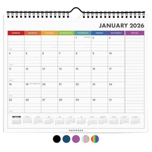 PAPERAGE 2026 Calendar, 12 Months (January 2026 - December 2026), Small (9 in x 11 in), Minimalist Wall and Desk Calendar with Monthly Views, Yearly Plans & Notes Section ? Rainbow