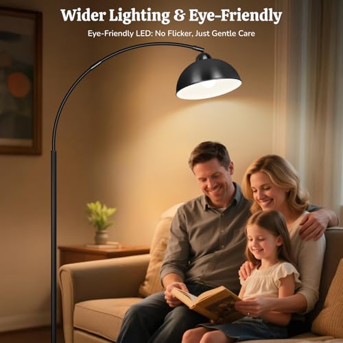 ArcFloor Lamps for Living Room, Modern Tall Lamp with Remote Control and Stepless Dimmable 9W LED Bulb, Over Couch Arched Reading Lamp for Bedroom, Office(Black)