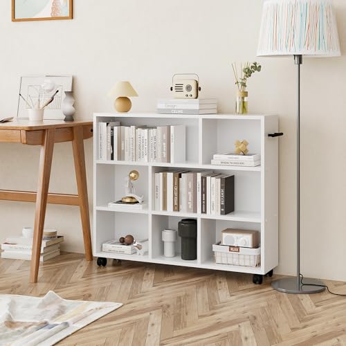 VECELO Book Cart, Library Wood Rolling Book Truck with Lockable Wheels, for Home Office, White