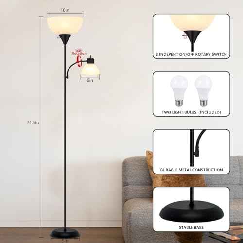 Floor Lamp for Living Room 9W LED Torchiere Floor Lamp with 9W Adjustable Reading Lamp Black 72"" Tall Floor Lamps for Bedroom Office Two Independent Rotary switches Including 2 Light Bulbs., LB-KC05