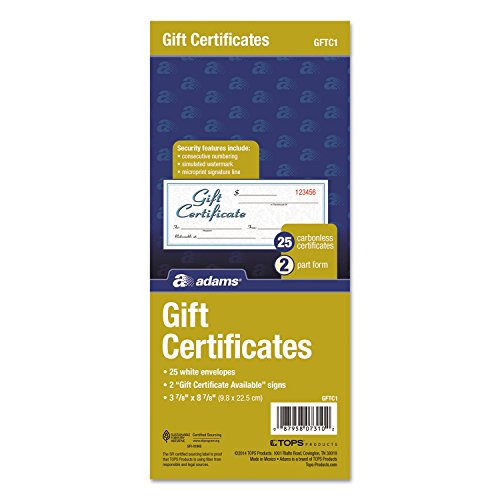 Adams 8.50" x 3.40" Gift Certificate Book, 2-Part Carbonless, 25 Certificates + Sign