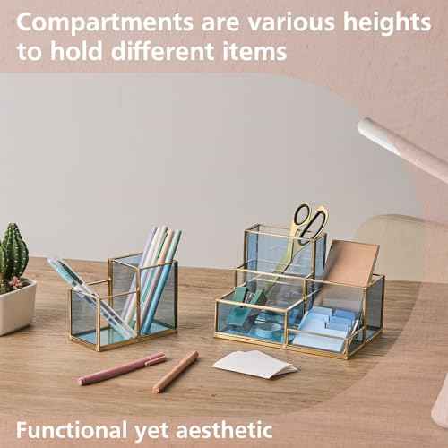 FONDAZZA 5-Compartment Desk Organizer for Home Office Supplies, Gold Brass with Blue Glass, Workspace Storage for Stationery, Cosmetic, Makeup Tools and Brush.