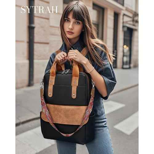 Leather Laptop Backpack 15.6 Inch Womens Laptop Bag, 3 IN 1 Computer Bag Handbag with Colorful Shoulder Bag Strap for Work Travel College Black Brown