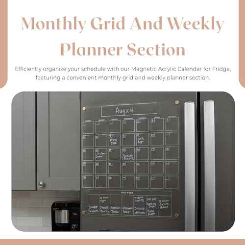 Acrylic Magnetic Calendar for Refrigerator - Clear Dry Erase for Fridge | with Monthly Grid And Weekly Planner Section | 15¡¯¡¯x17¡¯¡¯ Vertical Magnetic Fridge Calendar 2025 | with Gold Magnets