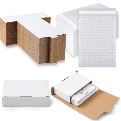 Marspark 50 Pcs Cassette Mailers Cardboard Cassette Boxes with Sealing Bubble Protective Bags, Single Easy-fold Mailers Set, Suitable for Transportation, Storage and Collection(White)