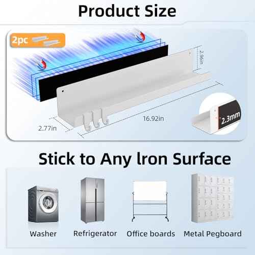 2-Pack Magnetic Book Shelf for Whiteboard - 17 Inch Reusable Metal Magnetic Shelves, Holds 14.33 lbs, Magnetic Book Display for Classrooms, Kitchen(New White)