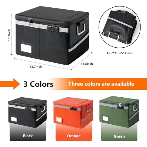 Fireproof Document Box,Portable File Organizer with Lock,Water-Resistant Document Organizer Collapsible File Cabinets for Home Office Safe Storage Box for Hanging Letter/Legal Folders-Black