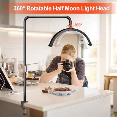 Half Moon Desk Light with Clamp, Touch Lash Lamp Nail Desk Light, Led Tattoo Light for Desk with Phone Holder, Adjustable 3 Color Lights for Lash Tech,Makeup,Photography,Reading,Work,Office (Black)