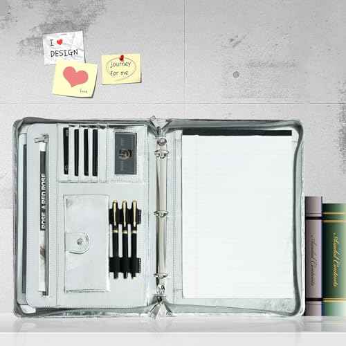 Glossy Silver Eco-Friendly Leather A4 Portfolio with Zipper 5 Card Slots, 1 ipad and 1 Cell Phone Pockets, 3 Pen Holders, 1 Zipped Pocket, 3 Ring Binder, and More