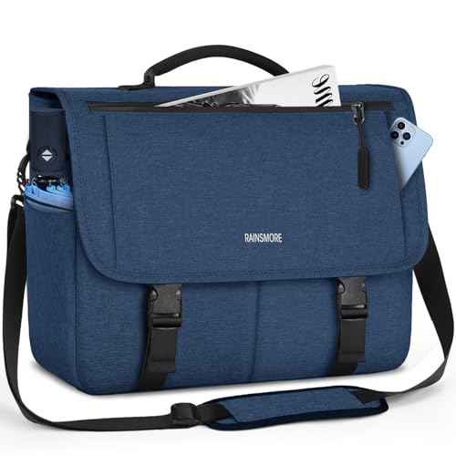 RAINSMORE Messenger Bag for Men Messenger Bag 15.6 Inch Water Resistant Laptop Bag Casual Satchel Bags for Men Large College Computer Bag Office Work Briefcase Fashion Crossbody Shoulder Handbag, Blue