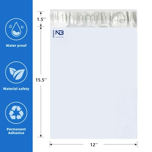 Nimbus Brothers 12x15.5 Inch White Self-Seal Poly Mailers - 10 Pack, Water & Tear Resistant Shipping Envelopes for E-Commerce