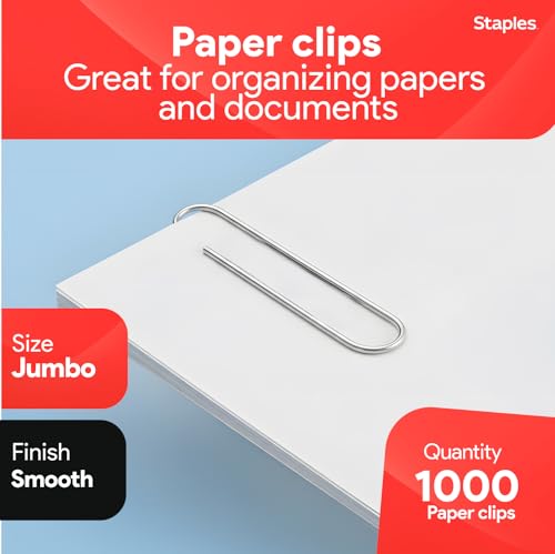 Staples Jumbo Paper Clips, 1,000-Pack - Large Steel, Silver