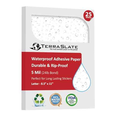 TerraSlate Waterproof Sticker Paper | 5 Mil Permanent Adhesive Labels | Printable Sticker Paper for Laser Printer, Copy Machine & Digital Press (Letter - 8.5" x 11", 25 Sheets)