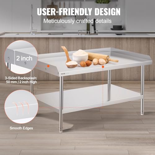 VEVOR 30 x 48 x 26 in Stainless Steel Work Table with 3-Sided Backsplash, Adjustable Shelves, 0.8mm SUS201 for Commercial Kitchen