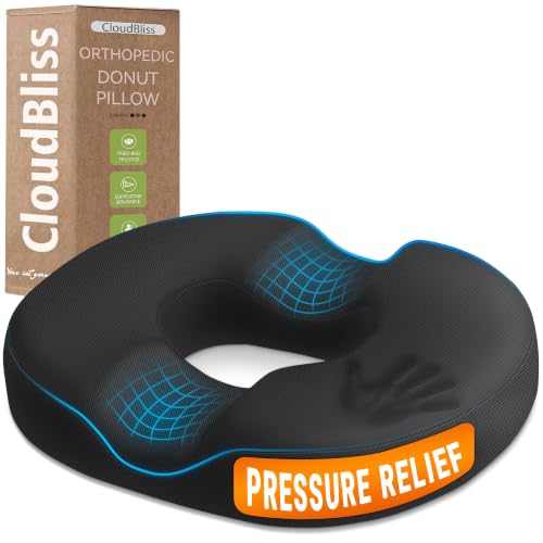 CloudBliss Black Large Donut Pillow for Tailbone & Hemorrhoid Relief - Portable Memory Foam Seat Cushion for Stadium, Car, Home & Office