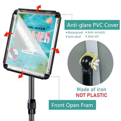 Adjustable Sign Holder Stand for Display, Pedestal Floor Poster Stand Sign Holder 8.5x11 inch, Snap Frame for Vertical and Horizontal View, Standing Sign Holder for Business Mall, Black