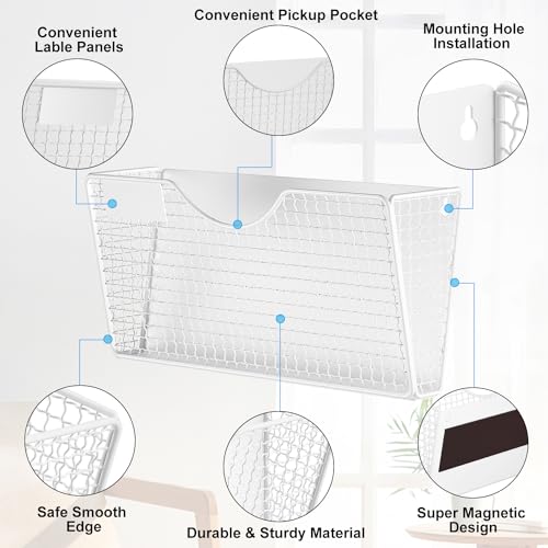 MFTEK Magnetic File Holder, 2 Pockets Wall File Folders Holder No Drilling Magnetic Paper Mail Organizer Magazine Basket, Hanging Storage Rack for Fridge Cabinets Office Classroom(White)