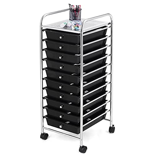 HOMGX 10 Drawer Storage Organizer Cart, 10 Tiers Multicolor Storage Trolley, Storage Drawer Bin Carts, File & Debris Storage Mobile Cart, Rolling Organizer Cart for Office/School/Home (Black)