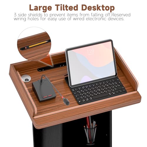Podium Stand with Wheels & Cabinet, 15° Tilted Tabletop – Black Brown Variation