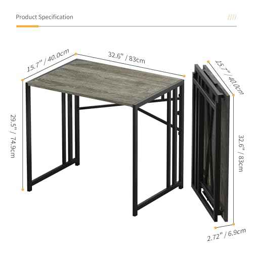32 inch Small Folding Desk, Writing Gaming Computer Camping Desk for Small Spaces, No Assembly Required Home Office Desk, Black Oak