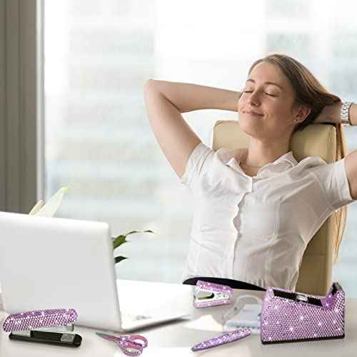 Yunlly 6 Pack Bling Office Stationery Set Desk Accessory Office Set Includes Pen Scissor Stapler Staple Remover 1000 Pcs Staples Tape Dispenser with Diamond Inlay for Home Desk(Purple)