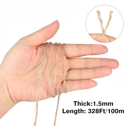 jijAcraft 1.5mm Natural Brown Jute Twine 328ft – 2-Ply Gardening & Craft String, Gift Wrapping