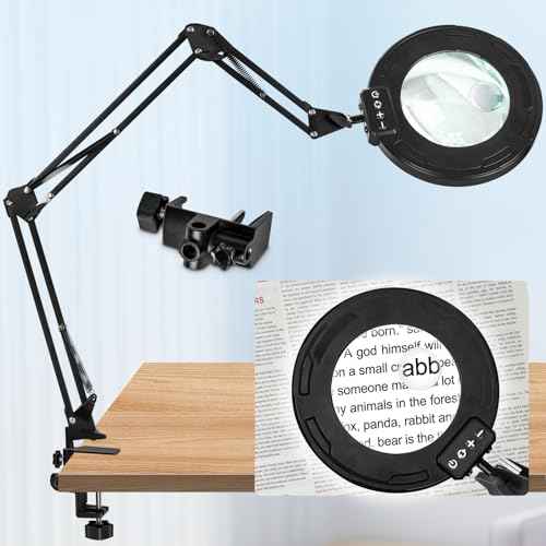 HITTI Ultra Long 12X & 30X Magnifying Glass with Light and Clamp, 5 Color Modes Steepless Dimming Desk Lamp, Swivel Arm Workbench Light, Hands Free Lighted Magnifier Stand for Craft Reading Hobby