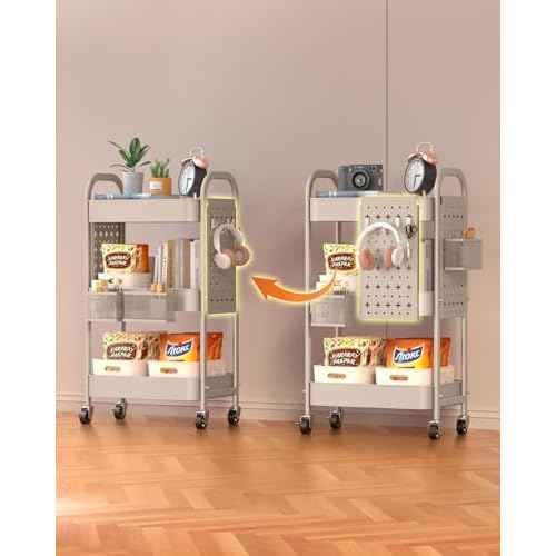 ALVOROG 3 Tier Rolling Cart with DIY Pegboards Metal Utility Cart with Wheels Handles Baskets Hooks, Craft Cart for Office Kitchen Bathroom(Khaki)