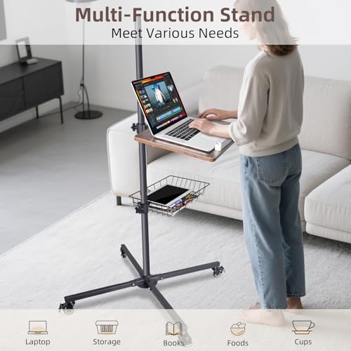 Mobile Book Stand with Storage Basket, Height Adjustable Reading Stand with Wheels, Wood and Metal