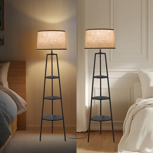 3 Tier Shelf Floor Lamps for Living Room, Modern Standing Lamp with 3 Color Temperature Led Bulb, Tall Lamps for Bedroom and Office, Black
