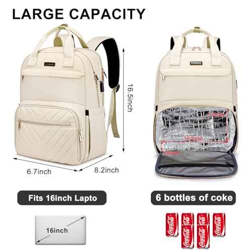 Lunch Backpack for Women, Water Resistant Insulated Cooler Lunch Bag, 15.6 inch Laptop Backpacks with USB Port, Picnic Backpack with Lunch Box, for College Work Camping Beaches, Beige