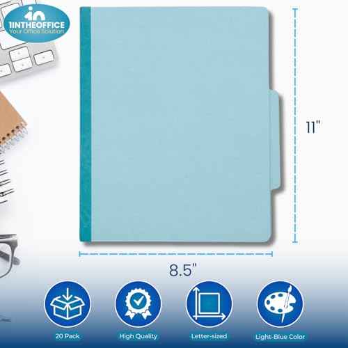 1InTheOffice Classification Folders, 2 Divider Classification Folders, File Folders with Dividers, 2.5" Expansion, Letter Size, Light Blue, 20 Pcs