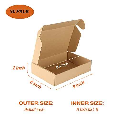 PHAREGE 9x6x2 inch Shipping Boxes Bulk 50 Pack Brown, Tab Lock Tuck Top Mailer Boxes for Packaging Small Business, Small Cardboard Gift Boxes for Wrapping Mailing Present