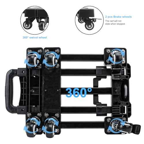 6-Wheel Black Folding Hand Truck, 440 lbs Heavy Duty Dolly, Collapsible Dolly Cart, Portable Platform Cart with 2 Elastic Ropes, Foldable Dolly Cart for Moving, Travel