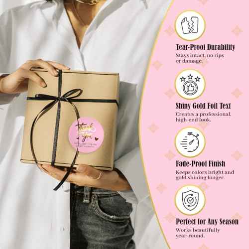 Pink Thank You Stickers Gold Foil ? 500 Waterproof 1.5¡± Round Labels for Small Business Packaging, Custom Thank You Labels for Envelopes, Gift Bags, Boxes, Cards & Orders