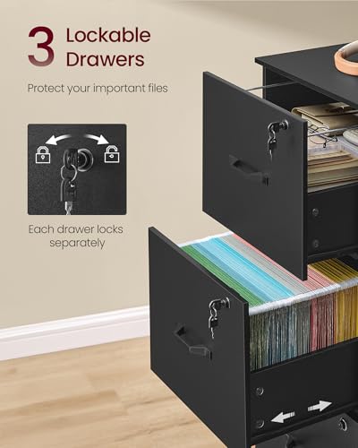 VASAGLE Ink Black 3-Drawer Lockable File Cabinet for A4 & Letter Documents