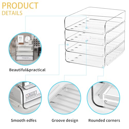 4-Tier Acrylic Paper Tray Organizer | Clear Stackable Desk Organizer for Documents, Letters, A4 Paper | Modern Office/Classroom/Home Organization