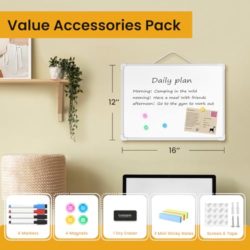 Lumspax 16x12-Inch White Double-Sided Magnetic Dry Erase Board Wall Mount - Portable Whiteboard with 4 Markers, Magnets & Sticky Notes