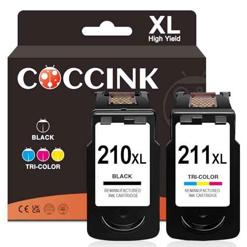 COCCINK PG-210 CL-211 210XL 211XL Ink Cartridge for Canon Pixma MX320 MX340 MX410 MX420 MX350 MP250 MP280 MP480 MP490 MP495 Printer Remanufactured for Canon 210 XL 211 XL Combo Pack (1 Black 1 Color)