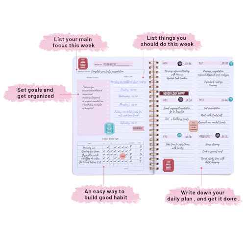 Undated Weekly Planner with Habit Tracker, 52 Weeks To Do List Notebook A5 Weekly Goal Planner with Spiral Binding & Stickers Home Work School Supplies for Women Girls 8.2" x 5.7" - Cute Style