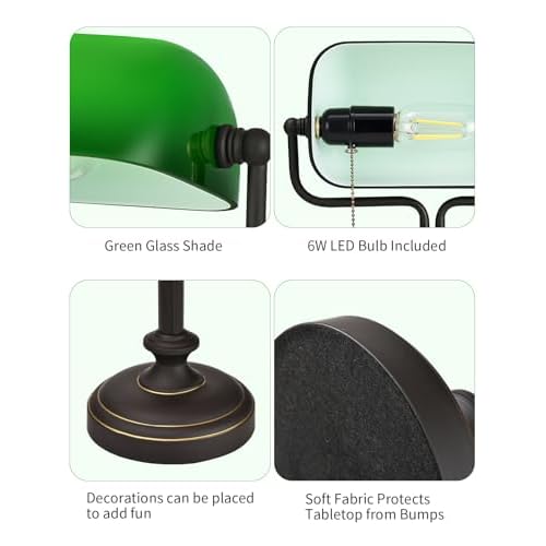 Traditional Banker's Desk Lamp with Glass Shade,Pull Chain Switch, LED Bulb Included (Antique Black+Green)