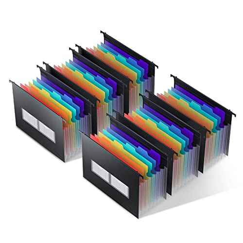 ThinkTex Plastic Expanding Hanging File Folders, 7 Innovative 1.2/'' Accordian Pockets, Large Capacity, Multi-Color Tabs, Letter Size for Filing Cabinet - Black-6 pack