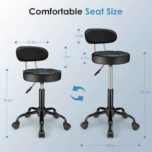 PU Leather Rolling Stool with Back Support Height Adjustable Swivel Stool Chair with Wheels Drafting Chair for Spa Slaon Massage Black