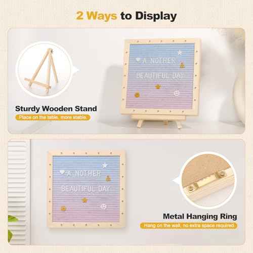 Lewondr Felt Letter Board, 10"¡¿10" Wooden Letter Board Sign, Changeable Message Board with 20 LED Lights & 340 Letters, Pregnancy Baby Announcement Sign, First School Day Board, Colorful