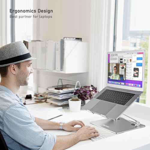 BoYata Laptop Stand, Adjustable Laptop Riser with Slide-Proof Silicone and Protective Hooks, Aluminum Notebook Stand for Laptop up to 15 Inches, Laptop Holder Compatible for MacBook (Silver-2)