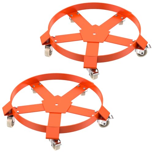 55 Gallon Drum Dolly, 1250 Lb Capacity Barrel Cart with 5 Swivel Casters & Brake, Steel Frame Transport Hand Truck for Industrial Metal/Plastic Drums Storage, Moving, Warehouse, Workshop,2 PCS
